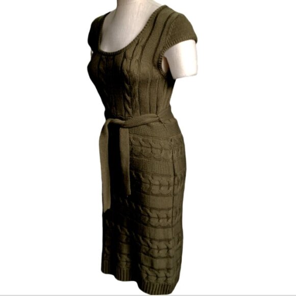 Jessica Simpson Short Sleeve Sweater Dress M Olive Green Scoop Neck Belted #126P - Picture 4 of 7